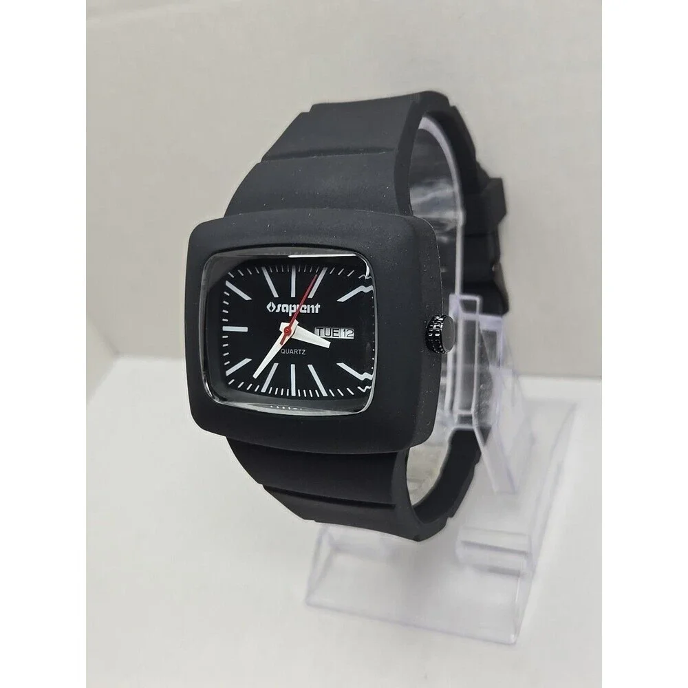 Sapient Timeless Black Silicone 46mm Day Date Quartz Watch New Battery Mens